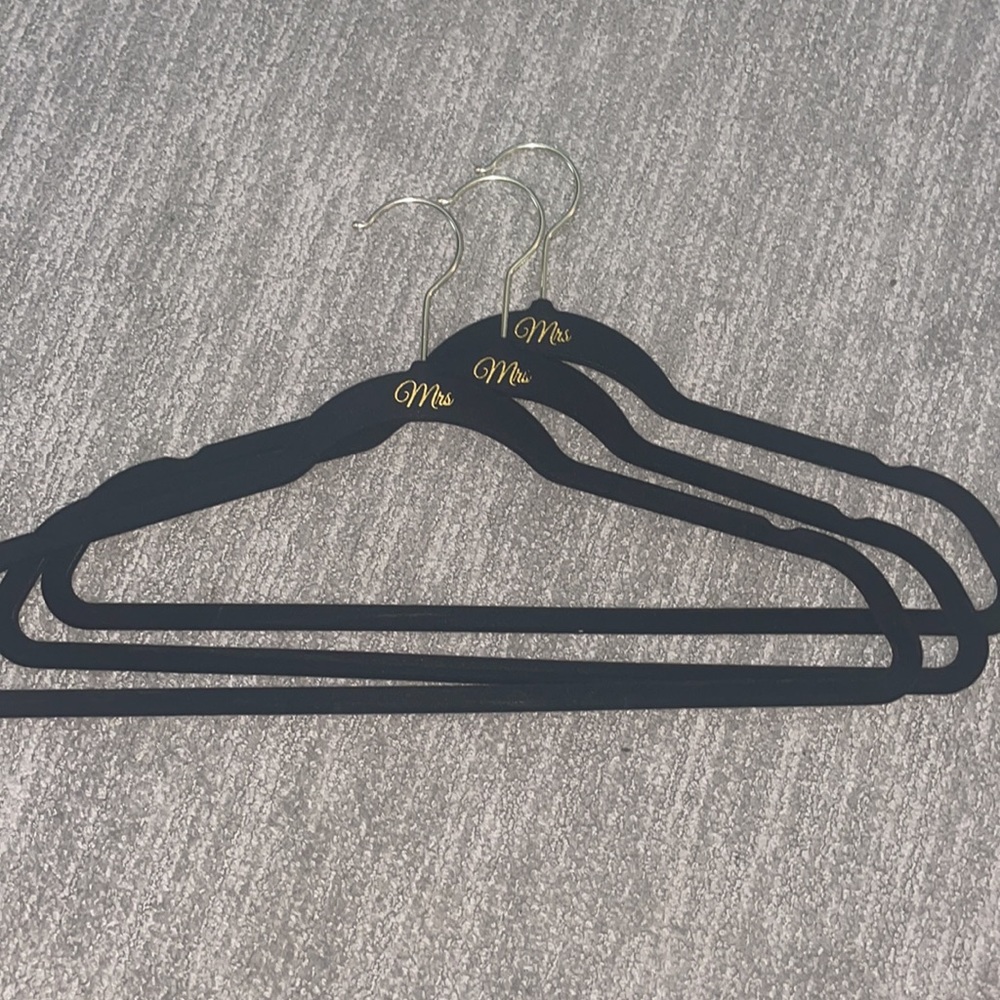 Set of 3 “Mrs” Black Velvet Hangers for Wedding or Bridal Event